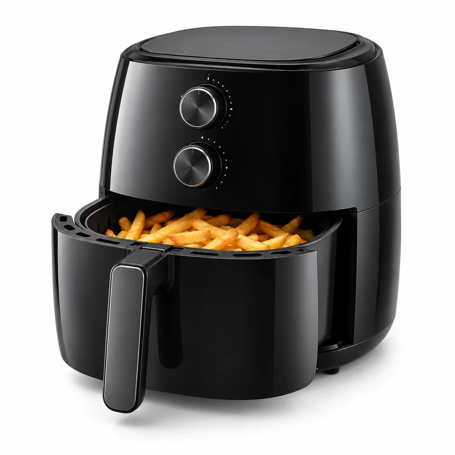 Air fryer preta com dois seletores e gaveta aberta com batatas fritas.