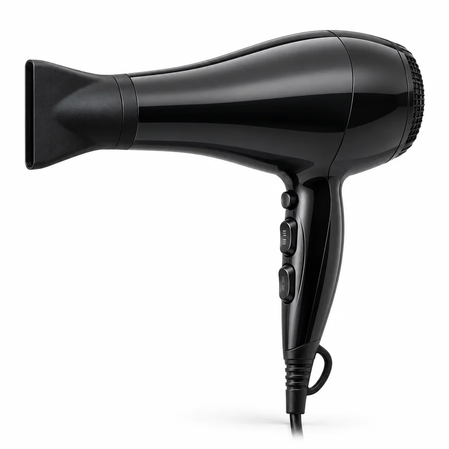 Secador de cabelo preto com bocal concentrador e cabo elétrico.