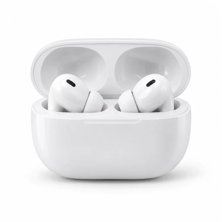 Dois auriculares brancos num estojo de carregamento aberto.